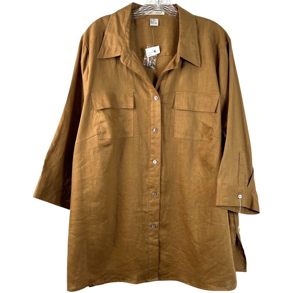 edward...woman NWT 100% Linen Button Down Safari Brown Tunic Top Plus Size 3X